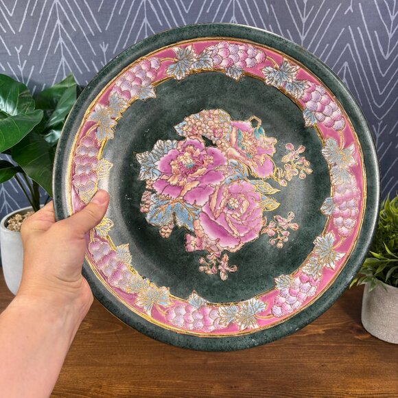 Vintage Famille Rose Style Plate Pink Peony & Grape Floral Charger for Wall - Picture 7 of 11